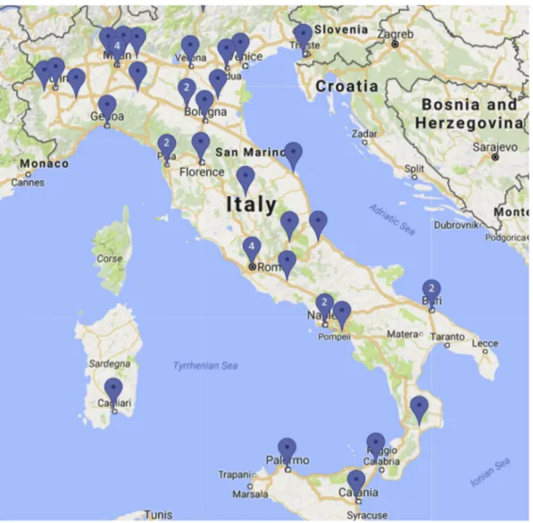 Fig. 1. Map of the location of clinical centers of LIPIGEN Network in Italy.