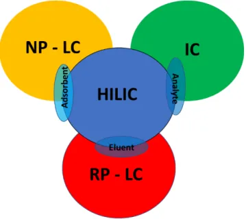 Figure 2. HILIC combines the characteristics of the three major methods in liquid chromatography