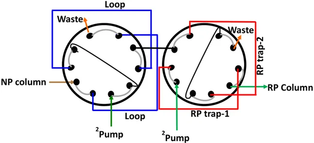 Figure 9. Dual-valve modulator to coupled NP-LC with RP-LC for the analysis of block copolymers 