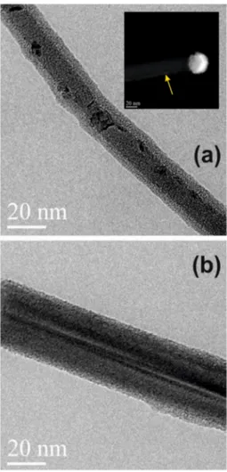 Figure 6. (a) TEM micrograph in cross-sectional view of nanowires without any previous gold etching process and annealed by Rapid Thermal Annealing (RTA) at 800 ◦ C for 30 min