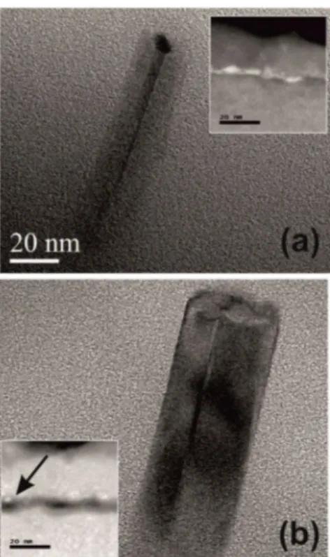 Figure 4. Cross-sectional view of TEM micrographs of Si-NWs after the gold removal single step (a), and after the two-step gold etching (b)