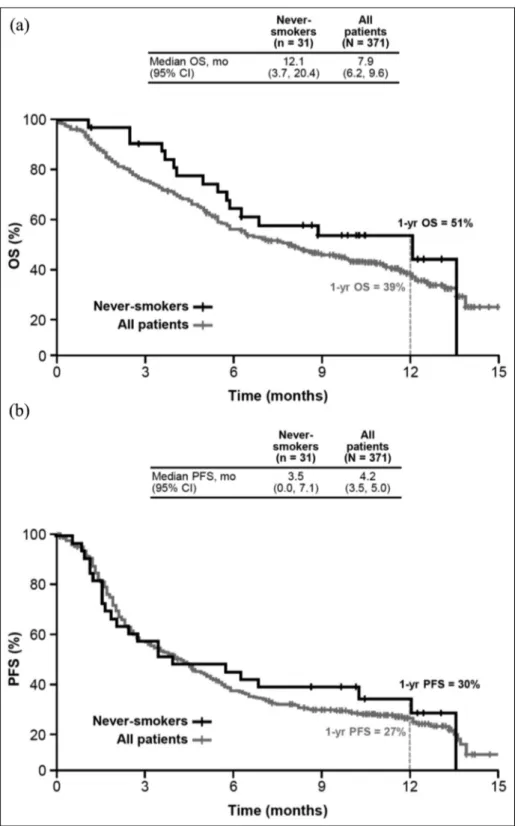 Figure 1. Kaplan–Meier estimates of overall survival (a) and progression-free survival (b).