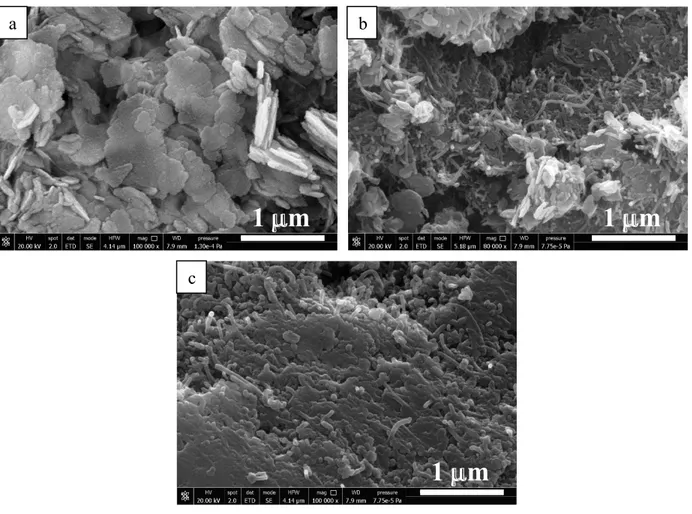 Fig. 6. SEM images of (a) pure Mg(OH)2, (b) SN-M and (c) BN-M samples after three cycles experiments.