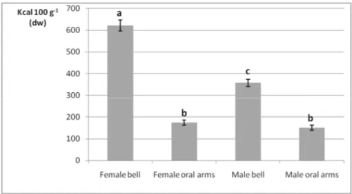 Figure 1. Fresh weight (g), bell diameter (cm), and length (cm) of jellyfish samples collected per sex 
