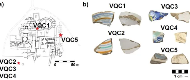 Figure 2. (a) Plan of the Villa dei Quintili and details of the sampled areas. Notes: A = representation  area; B = private residences; C = Basis Villae; D = Frigidarium; E = Calidarium; F = Ludus-Viridarium;  G = great cistern; R = Hippodrome; T = Arcades