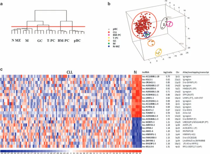 Figure 1. LncRNA expression proﬁle of CLL and normal B-cells samples. (a) Hierarchical clustering of the 26 normal B-cell samples using the 141 lncRNAs most variable across the data set