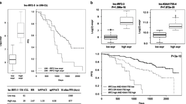 Figure 2. A 2-lncRNA risk model in CLL. (a) Progression-free survival of IGHV unmutated (UM)-CLL grouped according to lnc-IRF2-3 expression levels
