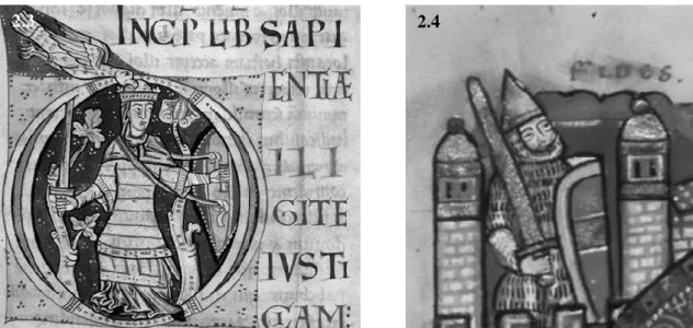 Fig. 2 Singole virtù con spada e scudo – 2.1: Tractatus de vitiis et virtutibus, Humilitas che si contrappone 