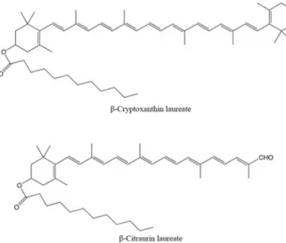 Figure 3. UV-Vis (PDA) and mass spectrum (APCI negative) of β-citraurin-laurate (A) and β-