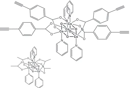 Fig. 9: Structural formula of Co 4 O 4 -H-ethynil benzoate. In the left-bottom corner, structural formula of Co 4 O 4 -H is also shown 