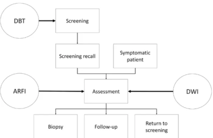 Fig. 2 Breast imaging workflow. Boxes represent typical steps in the breast imaging workflow, logical steps are connected by arrows