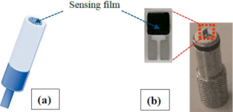 Figure 2. Picture of: (a) electrochemical and (b) conductometric sensor platforms. HA-GN-MWCNT composite sensing film area are indicated by arrows.