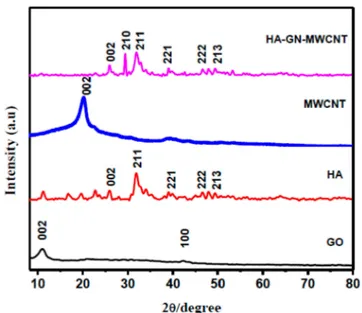 Figure 4. XRD patterns of HA-GN-MWCNT composite sample and single components.