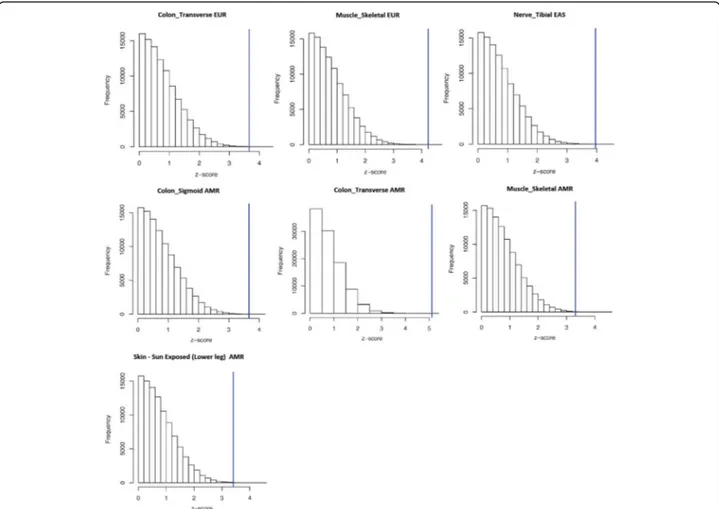 Fig. 3 Distribution of the z-scores generated from 100,000 random permutations with respect to the z-scores observed in the Kruscal-Wallis post-hoc analysis of within-ancestry comparisons