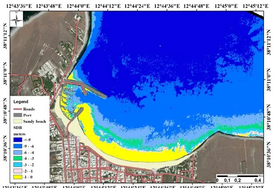 Figure 10. SDB (satellite-derived bathymetry) extracted on the GeoEye-1 satellite image acquired on  18 October 2014 on the coast of San Vito Lo Capo