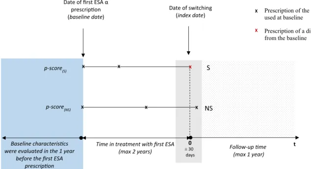 Fig. 1    Study design. Switchers (S) were matched with non-switchers (NS) 1:1 by propensity score (caliper = 0.10) and time in treatment with  first epoetin alpha (ESA α) (± 30 days)