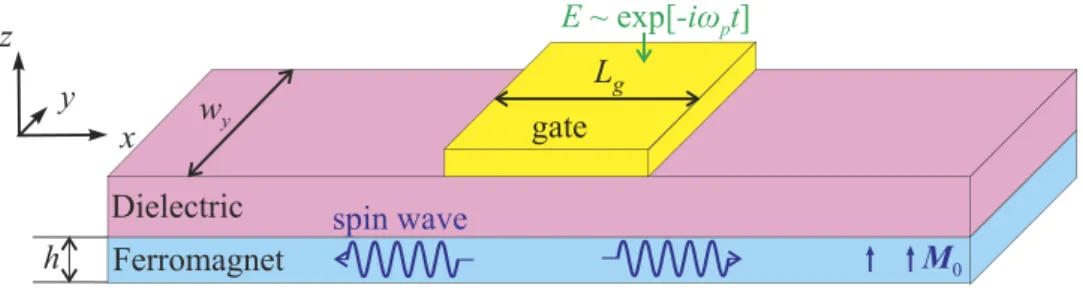 Figure 1.  Considered system. A layout of a ferromagnetic nanowire spin wave waveguide grown on a dielectric 