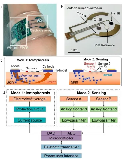 Figure 5. (a) Image of the sweat extraction and sensing platform; (b) Image of iontophoresis and sweat 