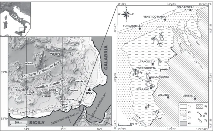 Fig. 1. Bathymetric map of the Southern Tyrrhenian Sea (following Kamenov et al. 2009, modi ed) on the left and geological sketch map  of the study area showing the main outcropping formations and the volcaniclastic units (right)
