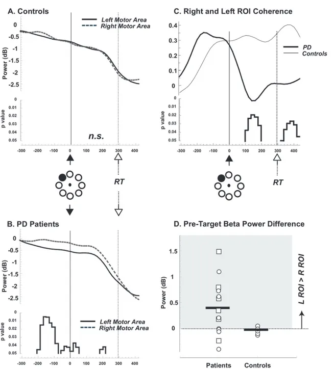 Figure 2. Beta power changes. A and B. Averages of the time courses of beta power changes in dB over the Left (solid line) and Right (dotted line) ROIs in controls (A) and patients with PD (B)
