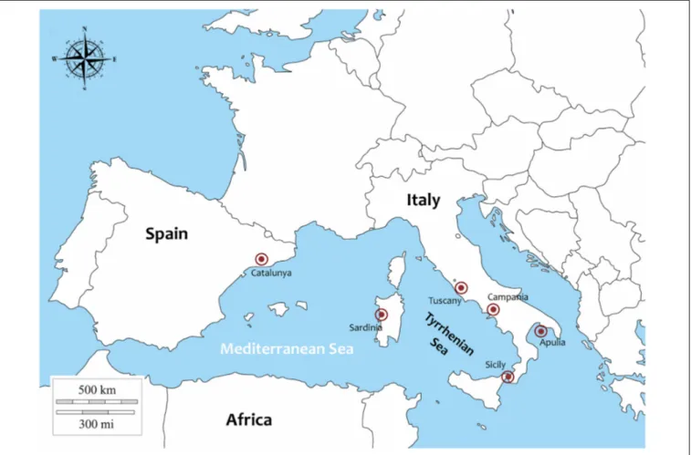 FIGURE 1 | Sampling areas of P. nobilis specimens in Italy and Spain.