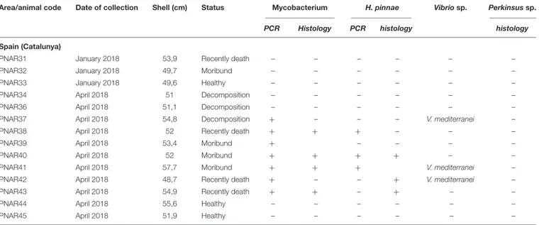 TABLE 3 | Sampling data of the 14 Pinna nobilis specimens from Catalunya analyzed in the study and results of the detection of Mycobacterium, H