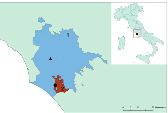 Figure 6. Occurrence of Trifolium latinum. The black circle marks the current population; the black 