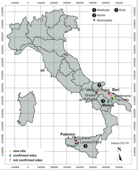 Figure 4. Geographic range and distribution map of Ionopsidium albiflorum in Italy.