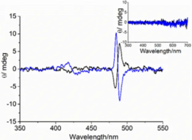 Figure 5. CD spectra of TPPS@AuNP co-deposit for  D -(black line) and  L -(blue line) histidine samples
