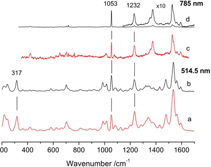 Figure 6. Representative Raman spectra of porphyrin J-aggregates in the presence (a,c) and absence  (b,d) of Au 10  clusters with excitation at 514.5 and 785 nm