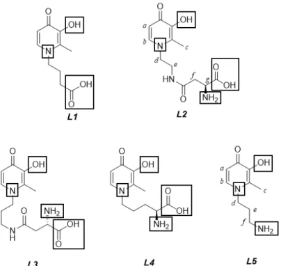Figure 1. Structures of the 3-hydroxy-4-pyridinones under study, with protonable groups  highlighted with rectangles