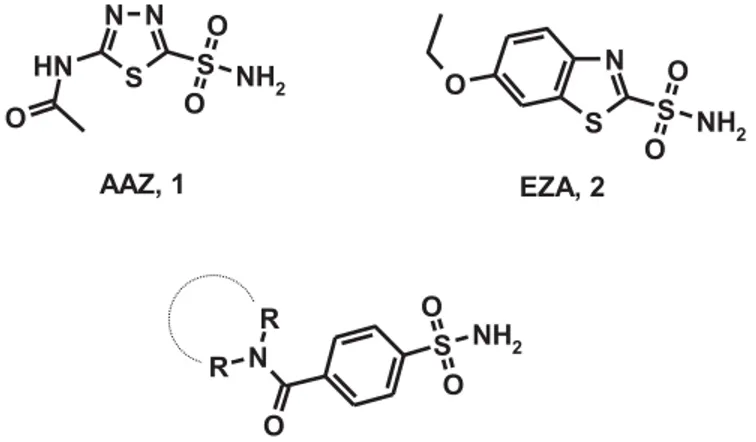Figure 1. Chemical structures of well-known CAIs acetazolamide (AAZ, 1) and ethoxzolamide (EZA, 2) and designed  4-(cycloalkyl)-1-carbonylbenzenesulfonamides.
