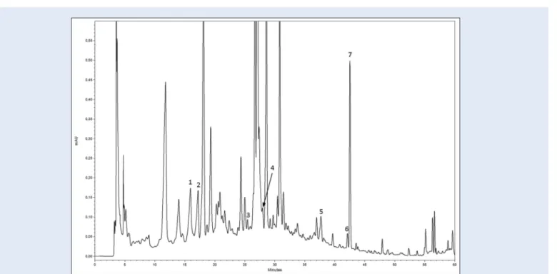 Figure 1:  High-performance liquid chromatography chromatogram of a methanolic extract of cladode. (1) Catechin; (2) chlorogenic acid; (3) ferulic acid; (4) 