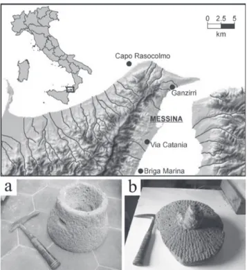 Figure 1. Location sketch map of the archaeological sites of  Messina and representative photographs of the studied millstones;  a) rotating hand mill (sample VCT5) and b) catillus of Pompeian  style millstone from Briga Marina shipwreck (sample BRM2).