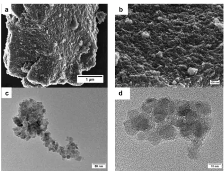 Fig. 2. a) HIM image of TiO 2 aggregate, b) HIM image close up of the rough surface of TiO 2 ; c) TEM image of TiO 2 nanoparticle aggregate in TiO 2 pure; d) high magniﬁcation TEM picture of the surface of a small aggregate TiO 2 pure particle.