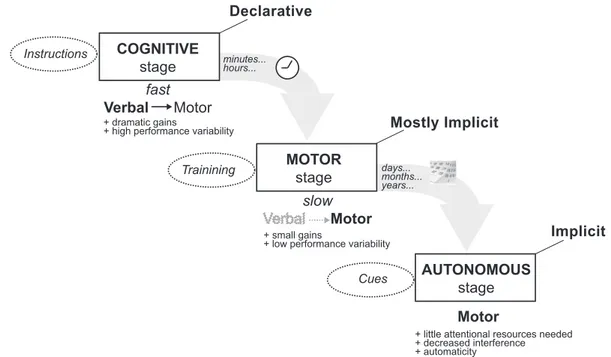 Fig. 1. The development of motor skills. The cognitive stage (top) represents the first step of learning a motor task and encompasses the interpretation of verbal instructions (a declarative process), which should be then transformed into an expert motor a