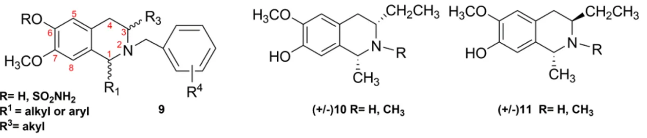 Figure 2. Structures of the known C3-/C1-substituted THIQs (9) endowed with  antiproliferative activities and the C3/C1-substituted (10–11) THIQs reported herein