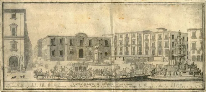 Figura 13. Francesco Sicuro, Piazza davanti il Duomo di Messina, 1768, incisione. Palermo, Galleria Regionale della Sicilia,  Palazzo Abatellis.