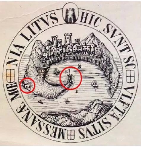 Figura 6. Sigillo senatorio (da Gallo 1756, tav. I, n. 2). Sono evidenziati: la torre, nella  punta della penisola, e il convento dei frati Continenti.