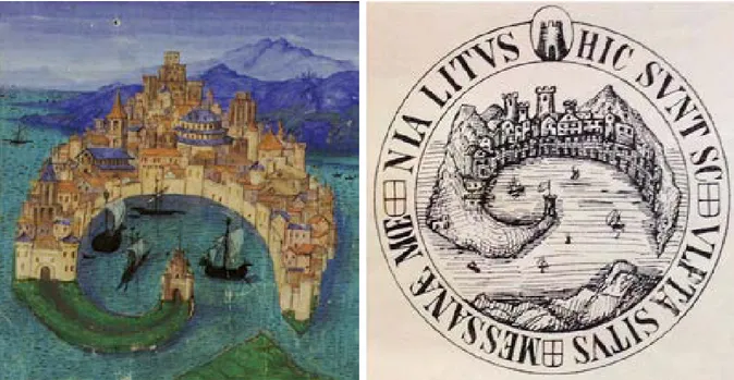 Figura 8a-b. Confronto tra la rappresentazione della città di Messina nella miniatura di figura 7 (a) e nel sigillo senatorio di  figura 6 (b).