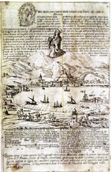 Figura 9. Messina protetta dalla Vergine  in occasione della peste del 1522, copia   di un’immagine «che si trova attaccata  dietro la prima coperta del libro di F