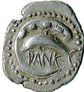 Figura 1. Delfino entro la falce del porto di Messina, dracma  argentea di Zancle, dritto, fine VI secolo a