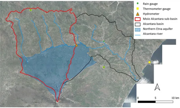 Figure 1. Moio Alcantara sub-basin (in red) and the Northern Etna groundwater aquifer (in light blue)
