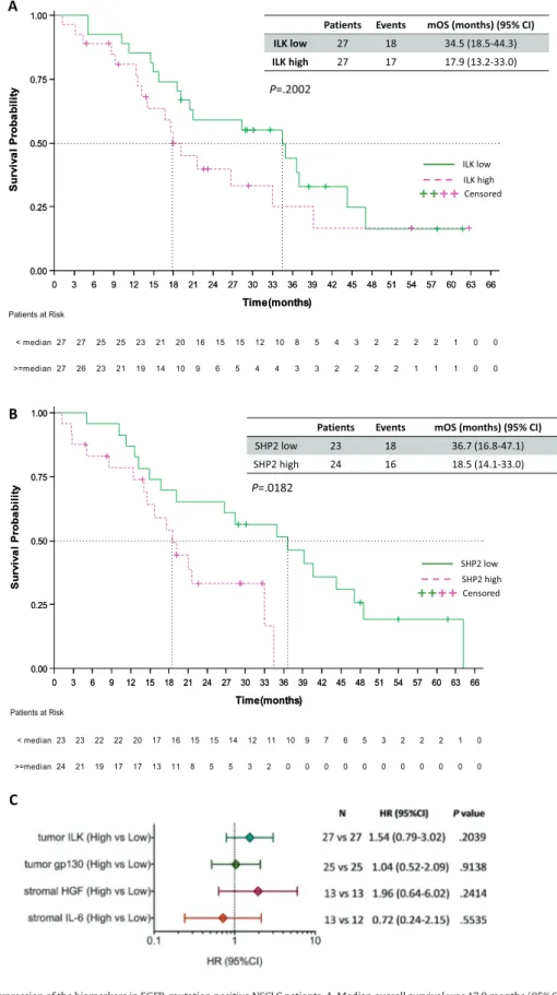 Fig. 4. Overall survival by the expression of the biomarkers in EGFR-mutation positive NSCLC patients