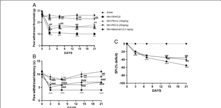 Fig. 4 Effects of PEA-Q on MIA-induced OA pain and motor function. Paw withdrawal threshold a, paw withdrawal latency b and motor function c as recorded for each treatment group before and after 3, 7, 14 and 21 days from the intra-articular injection of MI