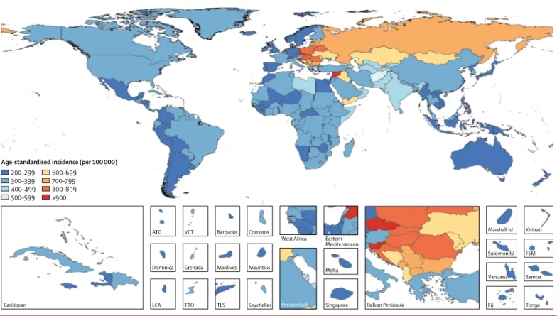 Figure 1: Age-standardised incidence of traumatic brain injury per 100 000 population by location for both sexes, 2016