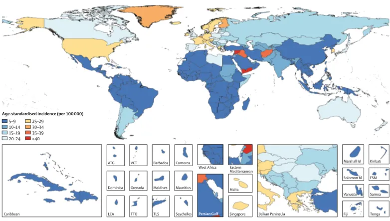 Figure 2: Age-standardised incidence of spinal cord injury per 100 000 population by location for both sexes, 2016