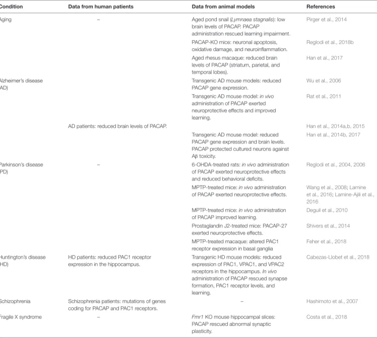 TABLE 1 | Involvement of PACAP in conditions involving cognitive impairment.