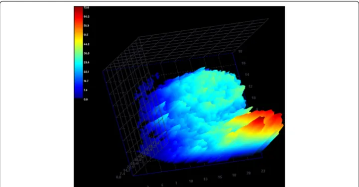 Fig. 5 Three-dimensional CEUS reconstruction demonstrating regional blood flow of the tumor tissue during the wash-in phase in a dog with urinary bladder TCC, expressed in arbitrary units of signal intensity