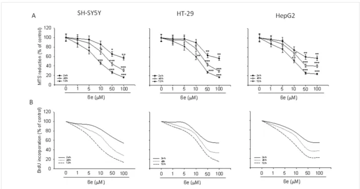 Figure 7: Compound 6e reduces cancer cell proliferation. Treatment of SH-SY5Y, HT-29 and HepG2 cells with 6e in a range from 1 to 100 µM for 24,
